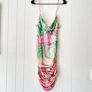 NWT Bijou Apparel green, pink and brown swirl ruched dress, size large